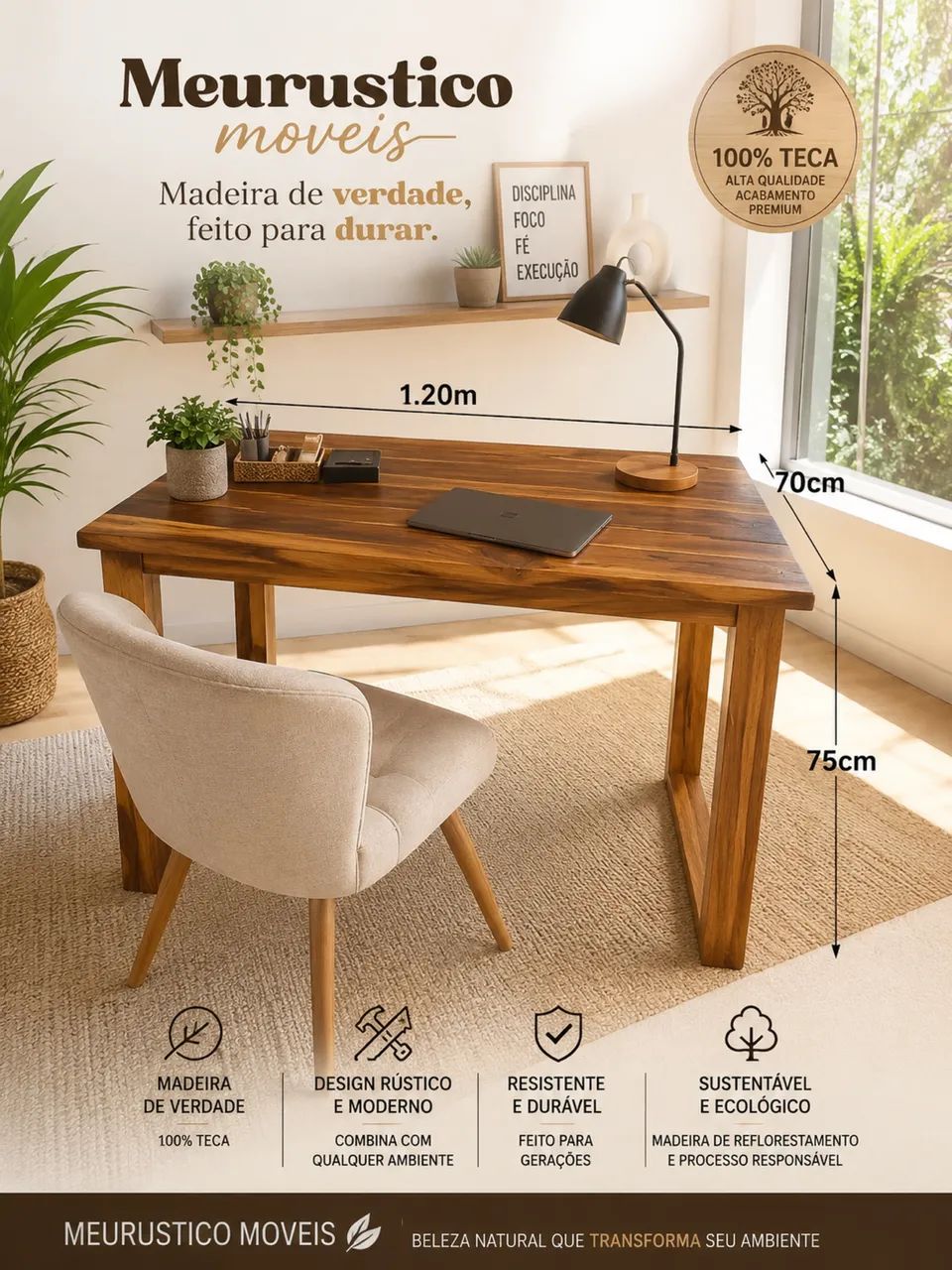 Mesa de teca pés de madeira 1.20mx70 - Foto 3