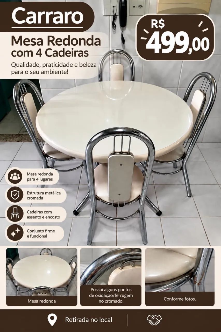 Mesa Carraro Redonda com 4 Cadeiras 