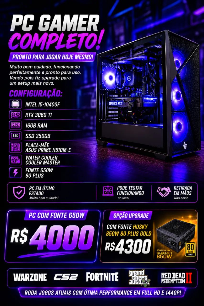 PC GAMER I5 10º com 3060 ti - OPORTUNIDADE 