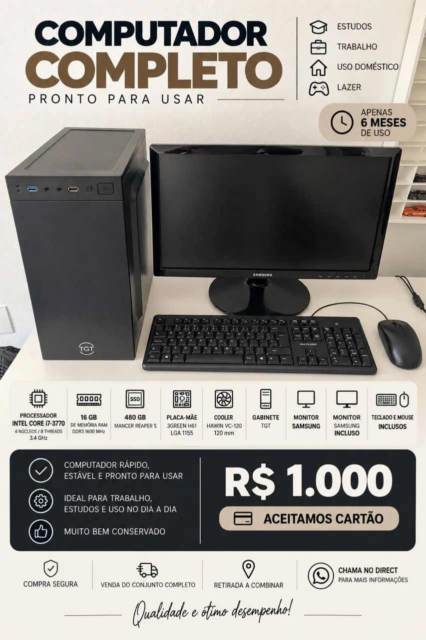 Computador Completo Core i7 + 16GB RAM + SSD 480GB