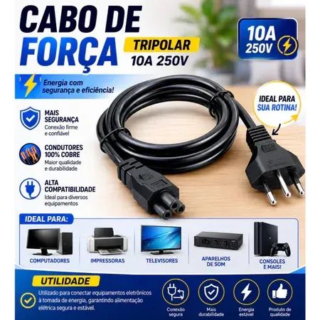 Cabo De Força Energia Tripolar Tv Fonte De Notebook Diversas - Foto 2