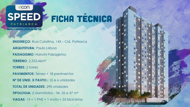 Grande Lançamento na Patriarca- Speed Patriarca 2 dormir com opção de vaga