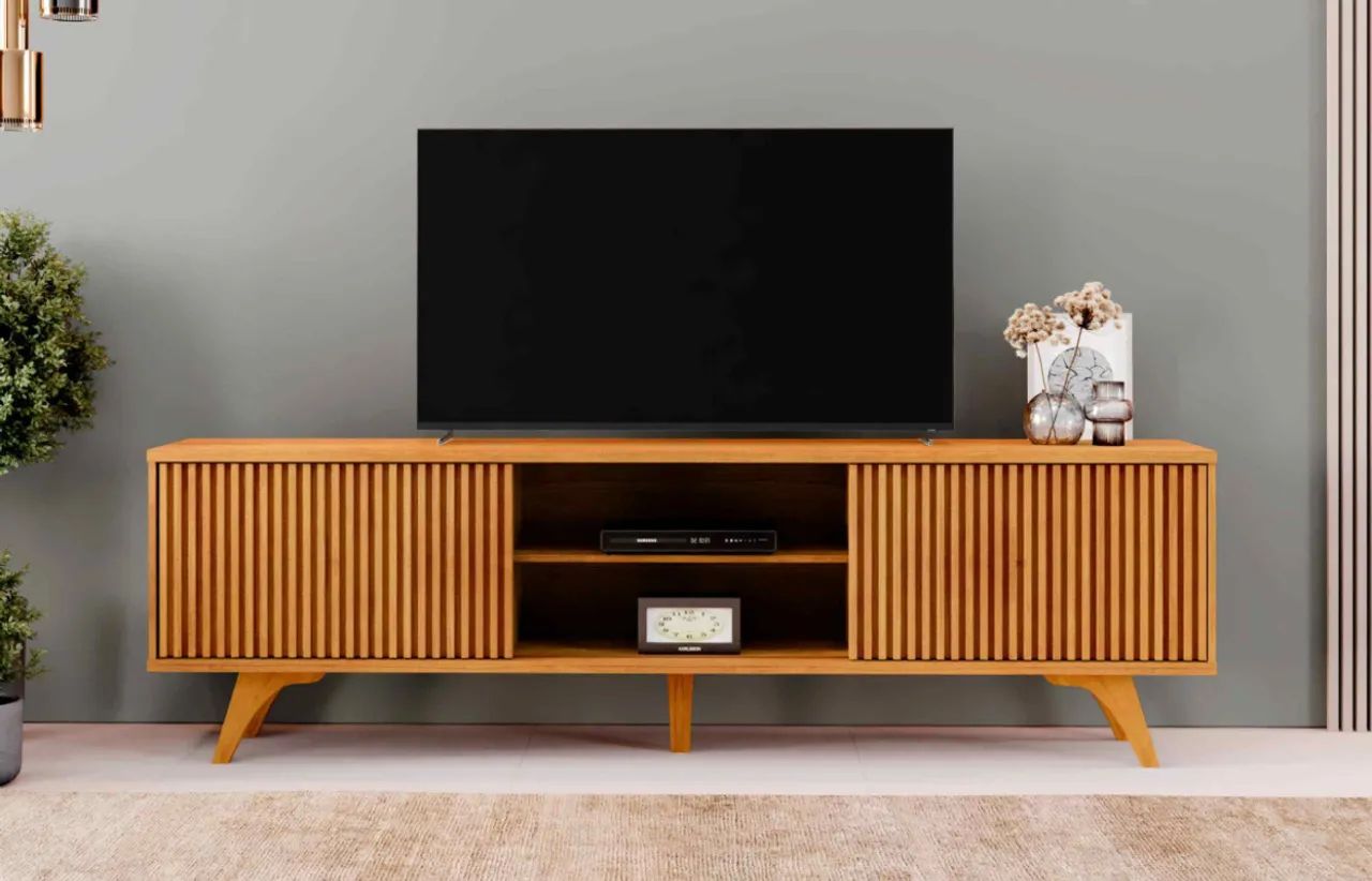 Rack de TV Moderno em Madeira Ripado r65