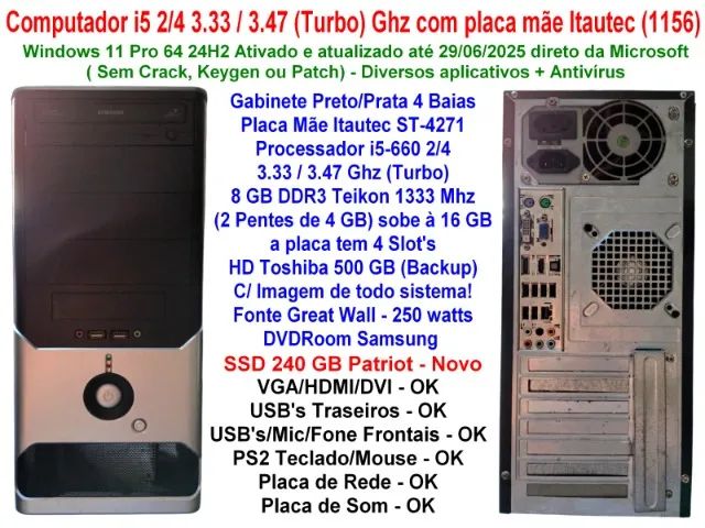 Computador i5 2/4 3.33 / 3.47 Ghz com placa mãe Itautec (1156)