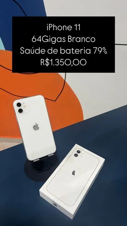 iPhone 11 64GB Branco Saúde de bateria 79% R$1.350,00 | Loja