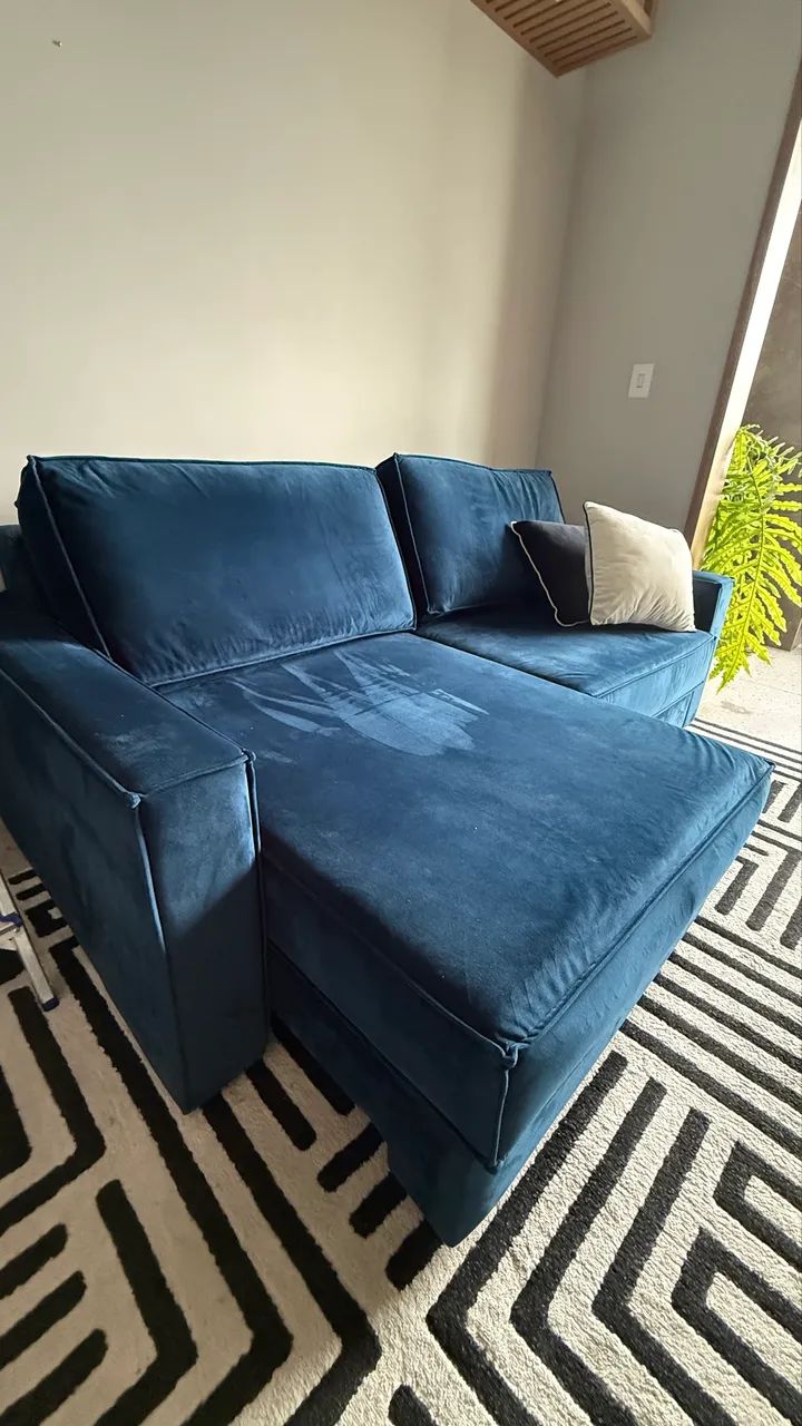Sofá Karams Retrátil 2,20 m | Veludo Azul | Excelente Estado
