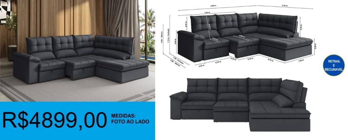 Sofa de canto retrátil e retrátil e reclinável - parcelamento até 12X vezes sem juros