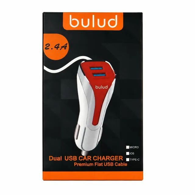 Carregador Veicular Bulud Dual USB 2.4A Cabo Flat Premium Micro USB iOS Type-C pode retira