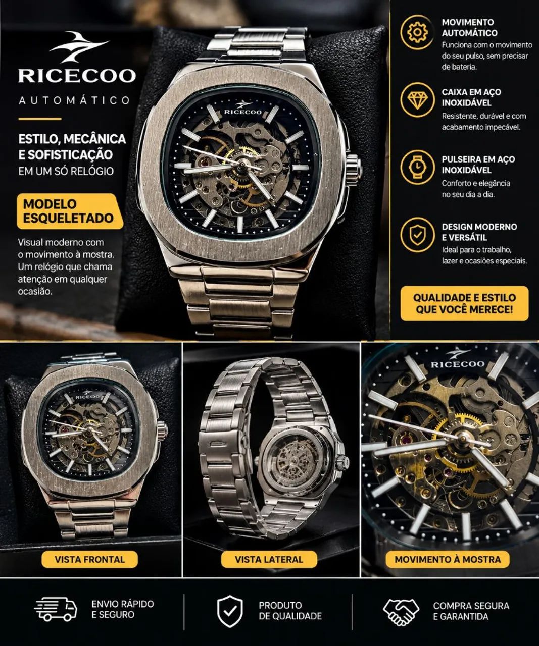 Relógio RICECOO Automático Esqueleto - Aço Inox