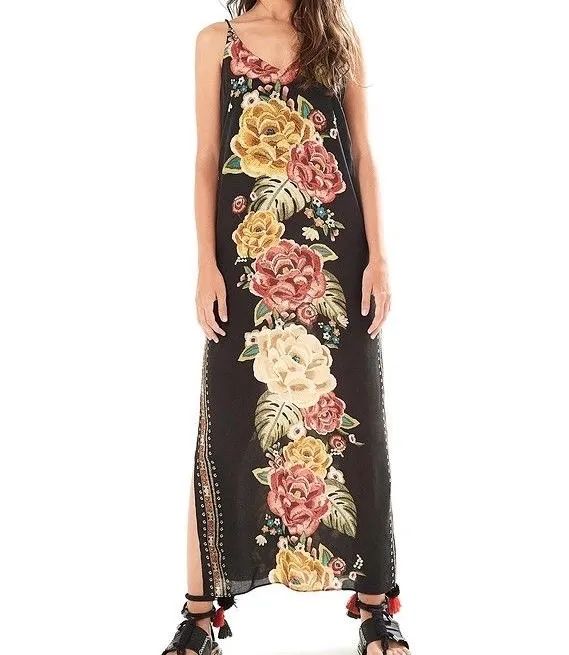 Vestido Farm M preto com fendas laterais 