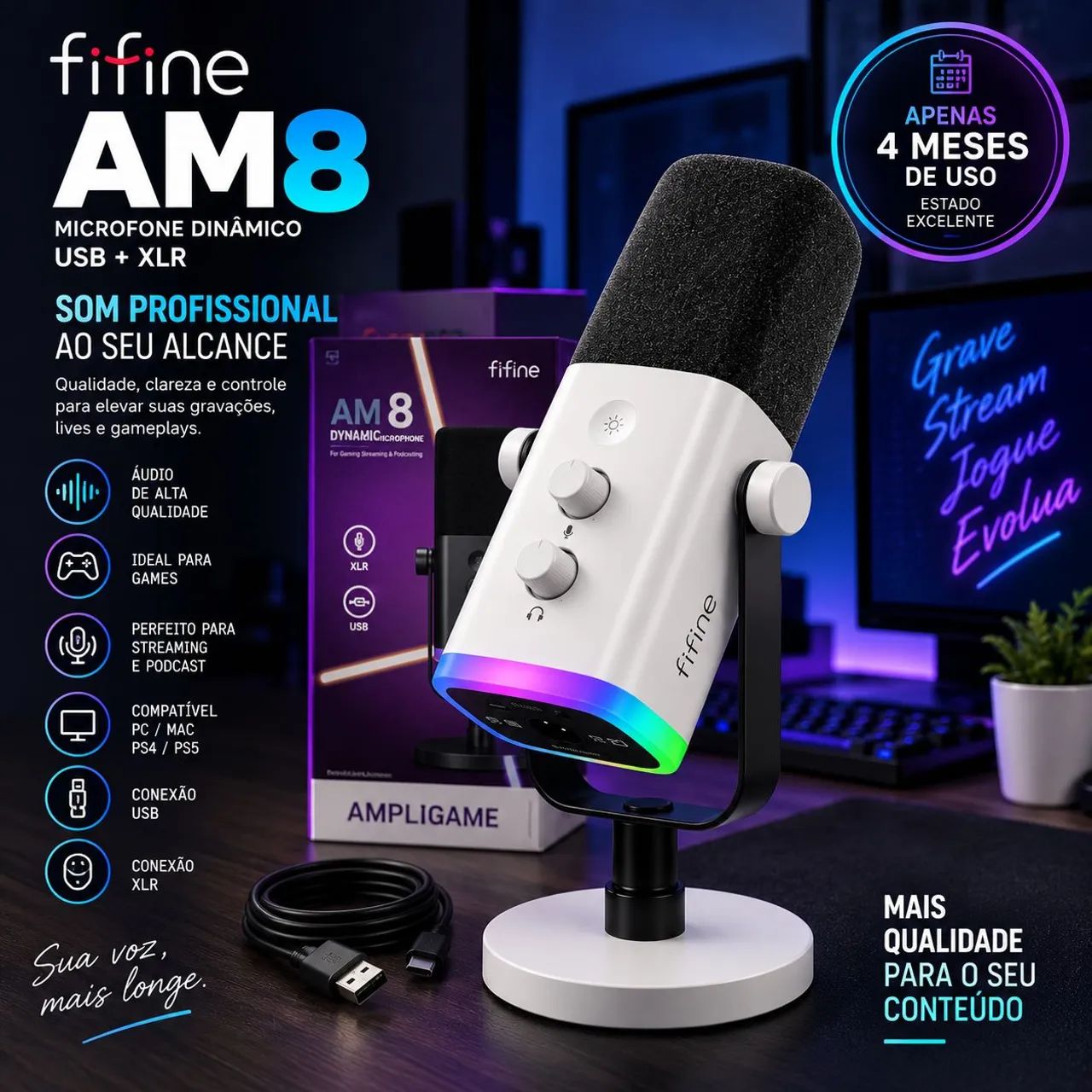 Fifine AM8 Branco USB + XLR RGB - 4 Meses de Uso - Foto 4