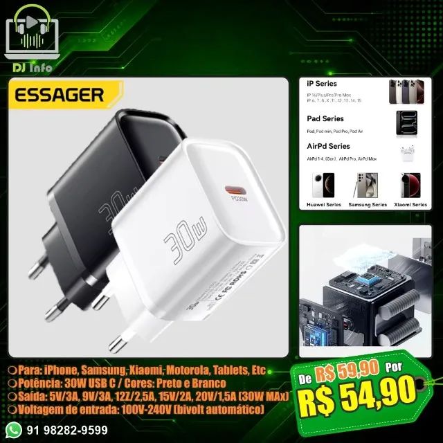 Carregador Rápido Essager USB C Mini 30W QC3.0 Para iPhone Samsung Xiaomi iPad Etc
