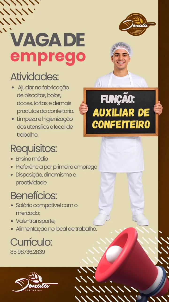 Vaga para Auxiliar de confeiteiro