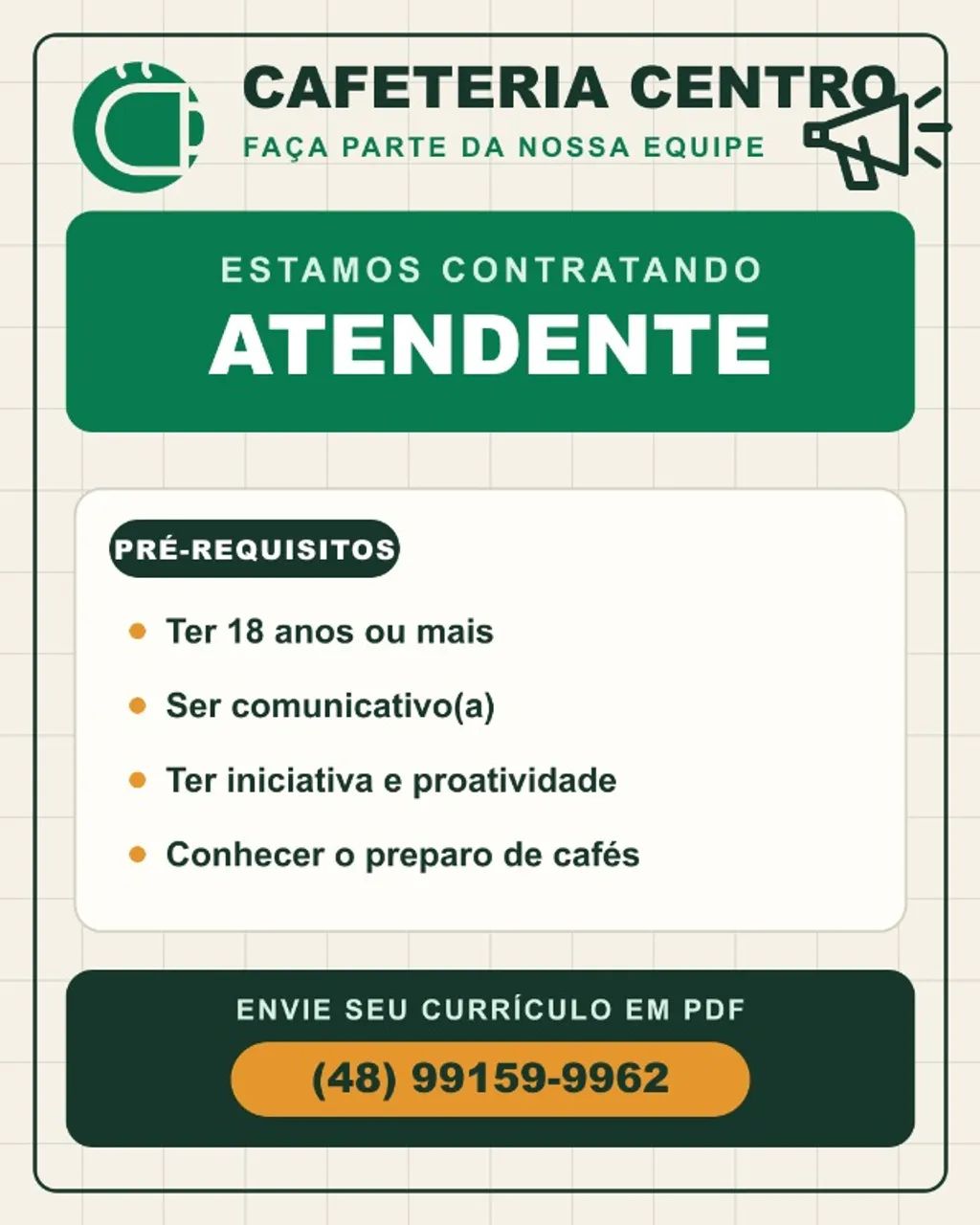 VAGA DE EMPREGO EM CAFETERIA