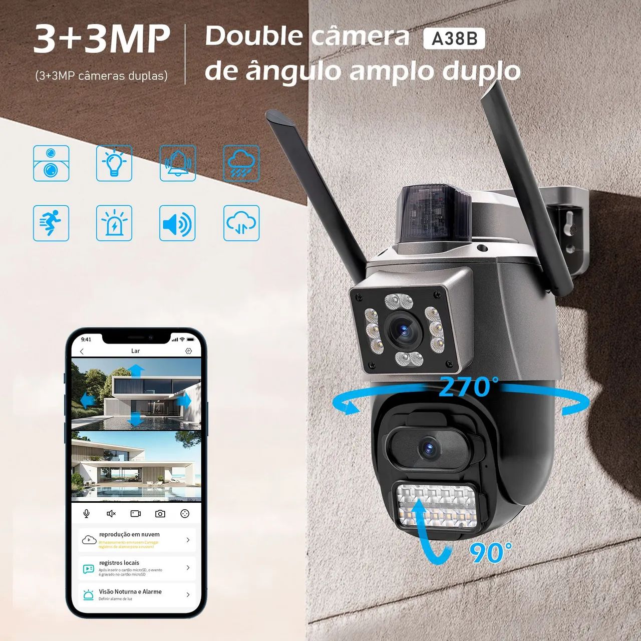 Câmera IP WIFI 6MP ICSee Onvif NVR Lente Dupla Detecção IA PTZ Zoom Vigilância Sirene - Foto 2