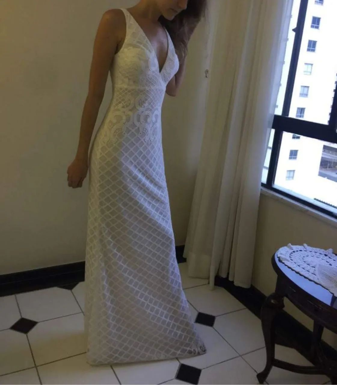 Vestido longo branco em renda , Tam 36,sem uso