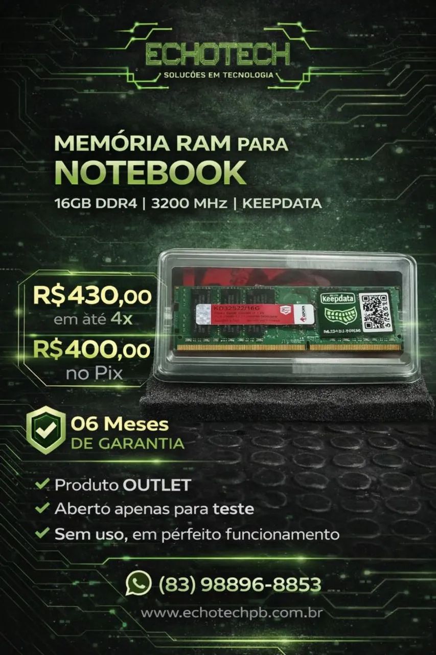 Memória RAM 16GB/DDR4 3200 MHz Keepdata P/Notebook 
