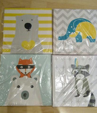 Quadros decorativos quarto infantil elefante, urso, raposa, guaxinim