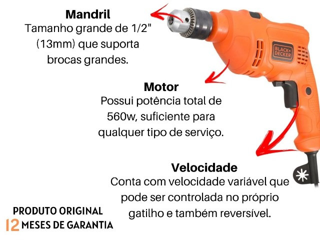 Furadeira Black E Decker Tm-555 RV 560w 13mm Reversivel - Foto 5