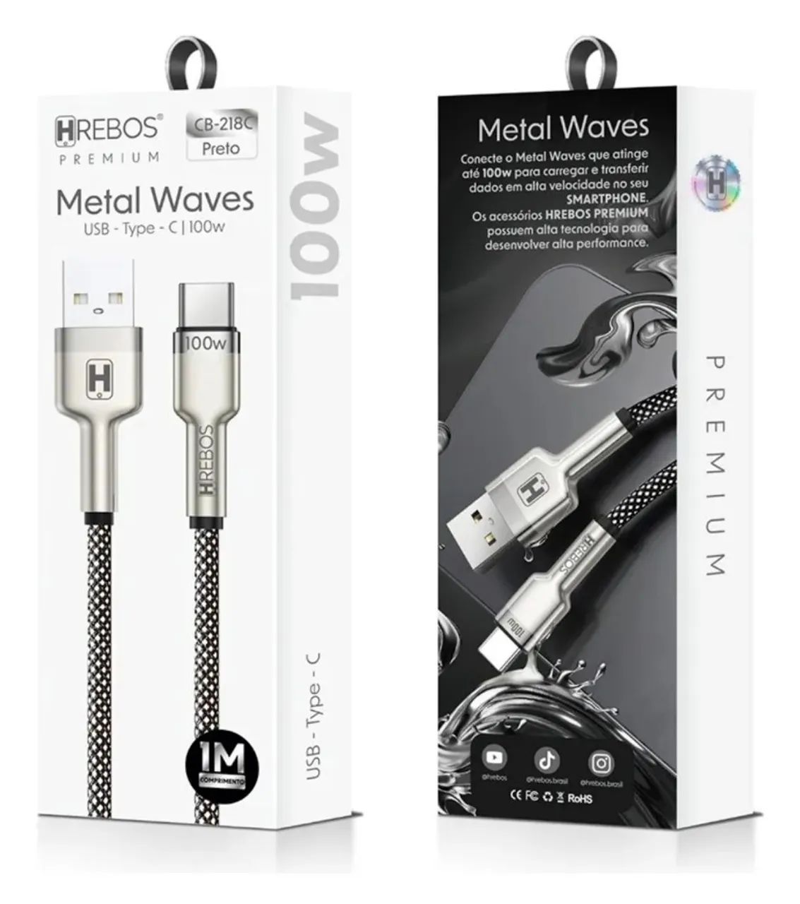 Cabo USB Tipo C 100W Metal Waves Hrebos - Prata - 1 metro