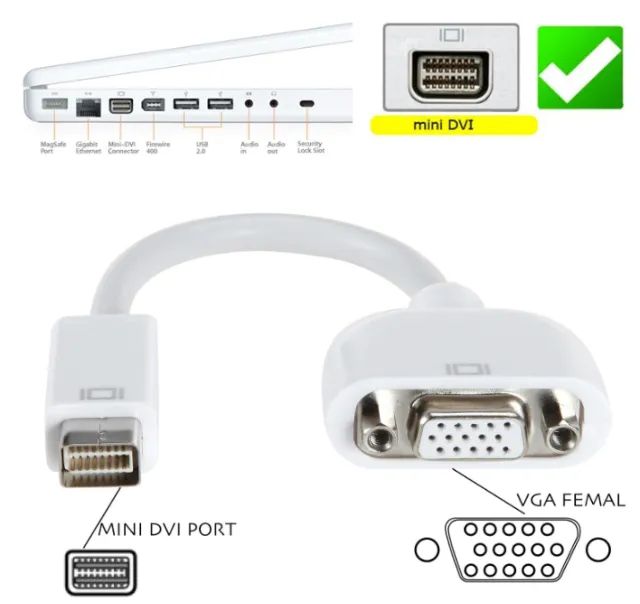 Adaptador Mini-DVI to VGA Adapter compatível com computadores Apple