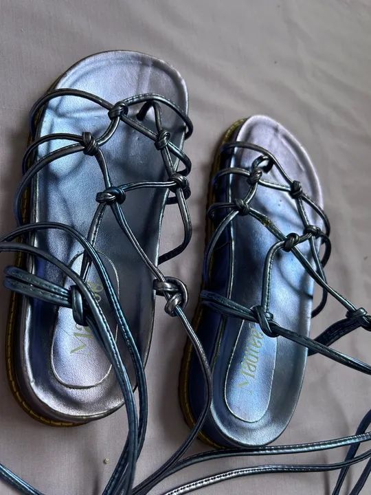 Sandália Rasteira Amarração Azul Metalizado - Foto 2