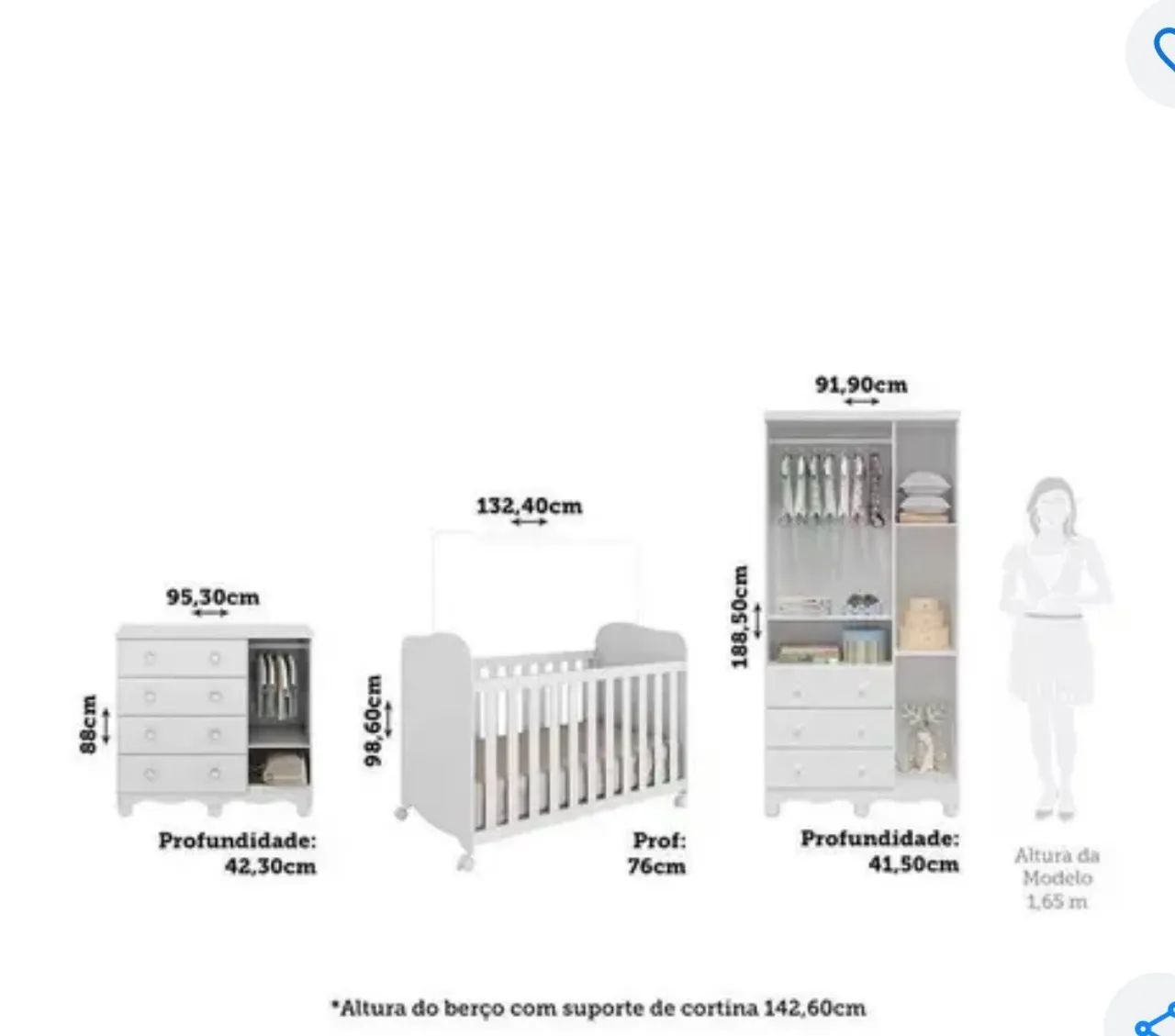 Quarto de Bebê Completo Berço Guarda Roupa 3 Portas e Cômoda 100% MDF Móveis Branco - Foto 3