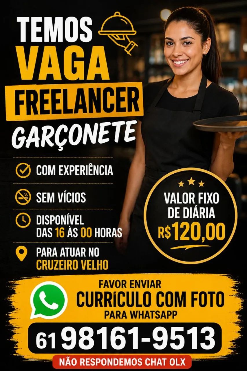 Vaga freelancer garçonete e chapeiro