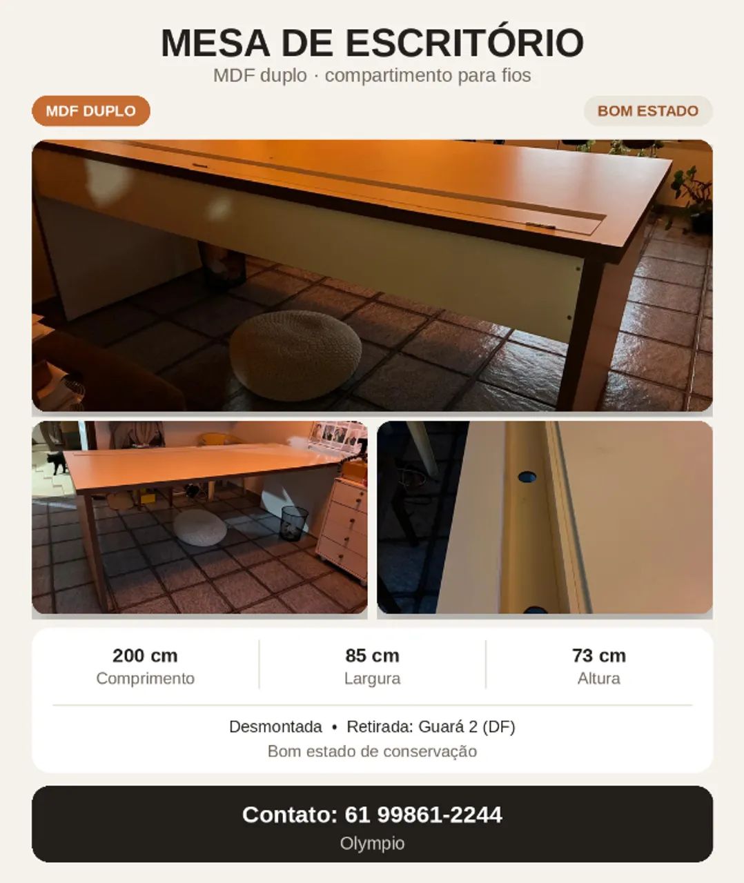 Mesa de escritório 200x85 com guarda fio