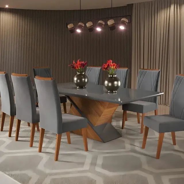 Conjunto Mesa de Jantar com 8 Cadeiras e Tampo de Vidro