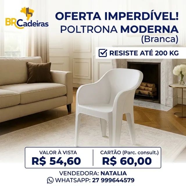 Poltrona Plástica Reforçada (Suporta 200kg) - Branca e Resistente