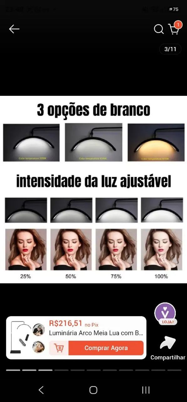 Luminária Arco Meia Lua Com Base de Chão Preto