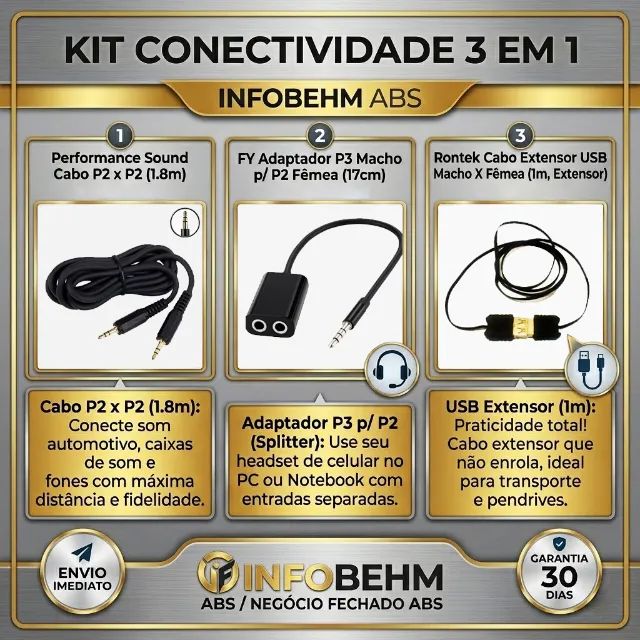 Kit Conectividade: Cabo P2 1.8m + Adaptador Headset P3 + Extensor USB Retrátil