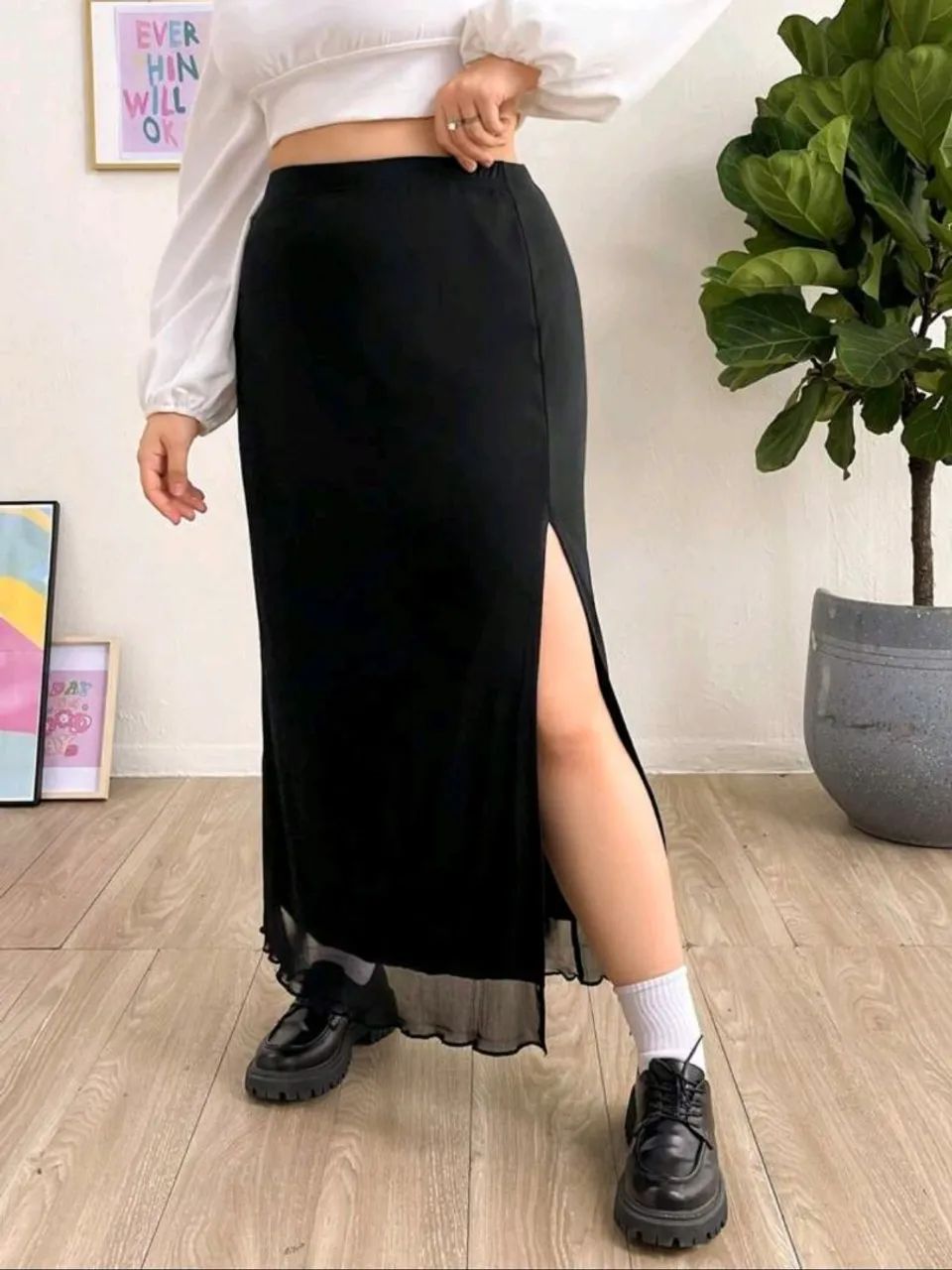 SHEIN EZwear Plus Split Thigh Sobreposição De Malha Saia - Foto 5