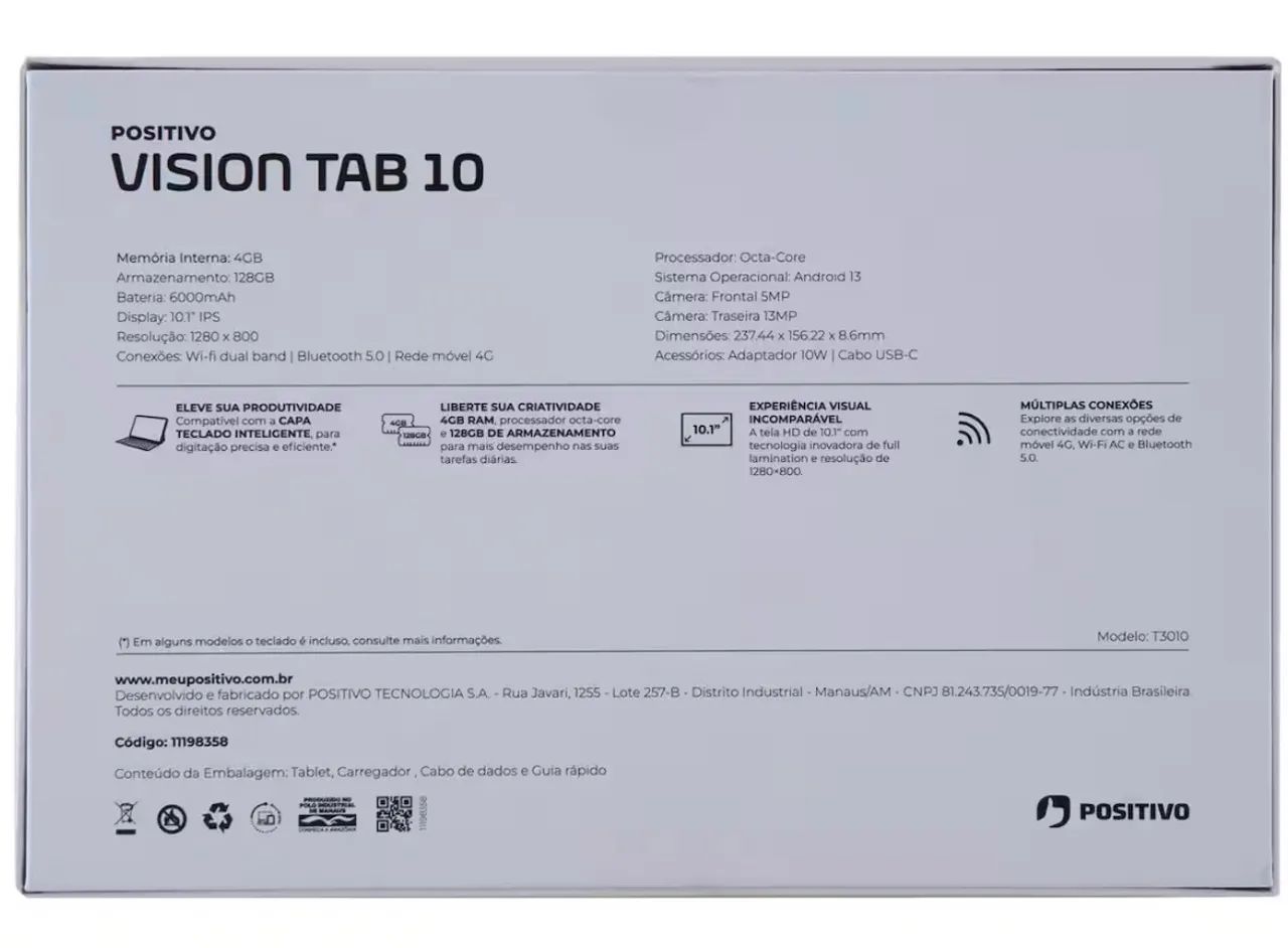 Tablet Positivo Vision Tab 10,1" 128GB 4GB RAM Android 13 Octa Core Wi-Fi 4G - Foto 4