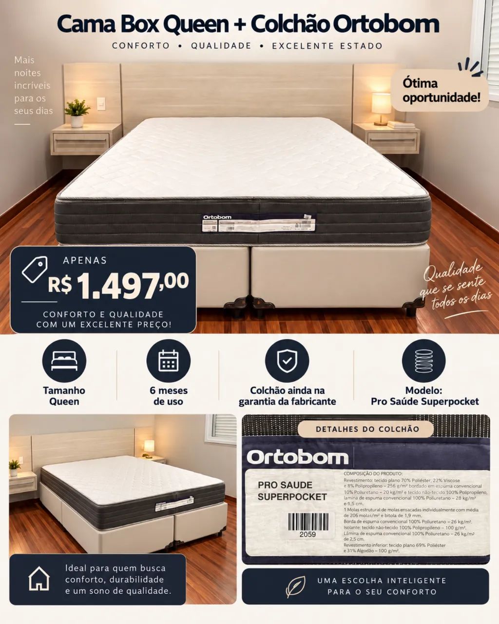 Cama queen box colchão Ortobom 