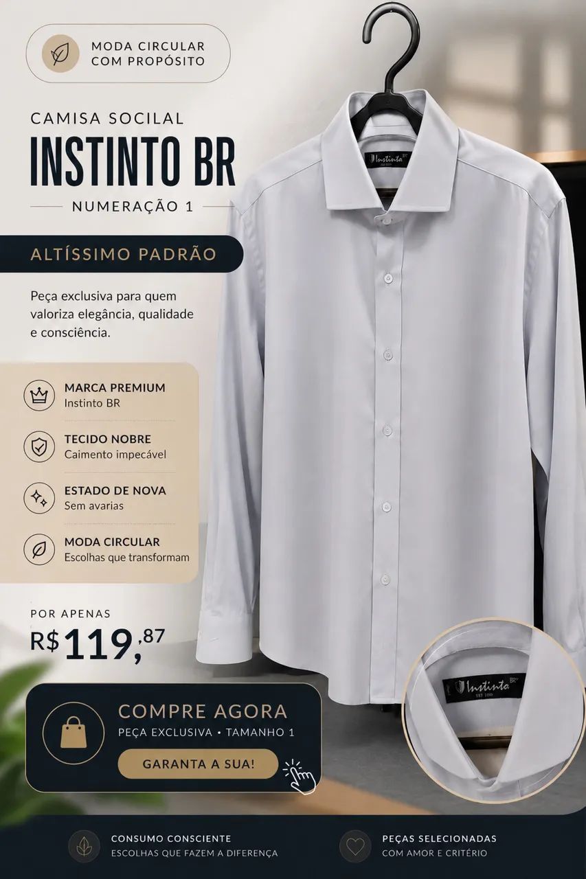 Camisa social Instinto BR - abotoadura - tamanho 1 