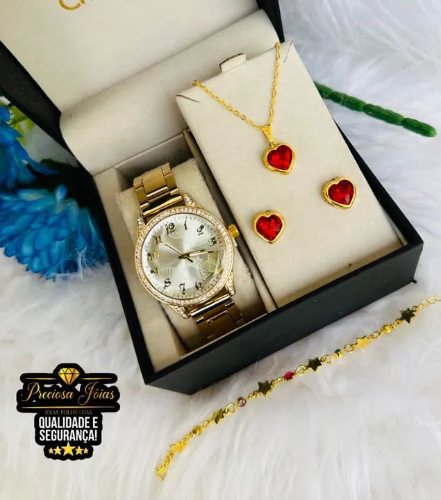 Conjunto relógio comum feminino acompanha colar e par de brincos elegance - Foto 5