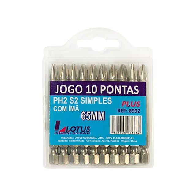 Jogo de 10 Bits Ponteira Phillips com Imã Ph2 65mm x 1/4'' Lotus 8992