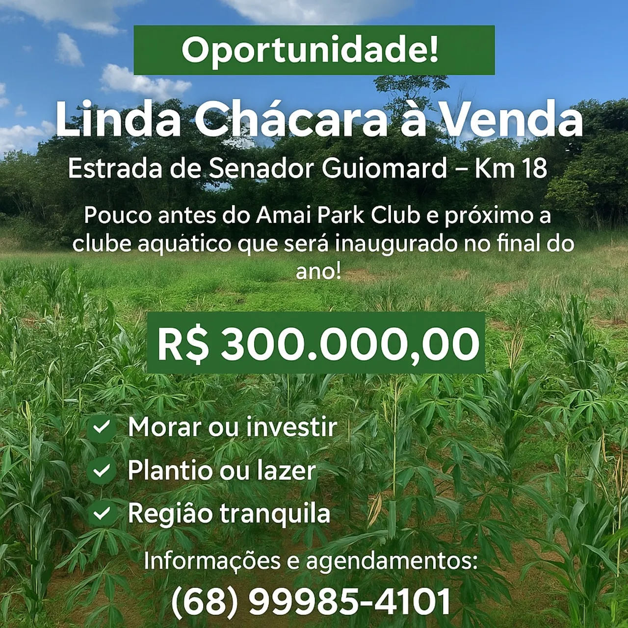 Linda Chácara à venda! Estrada de Senador Guiomard km18