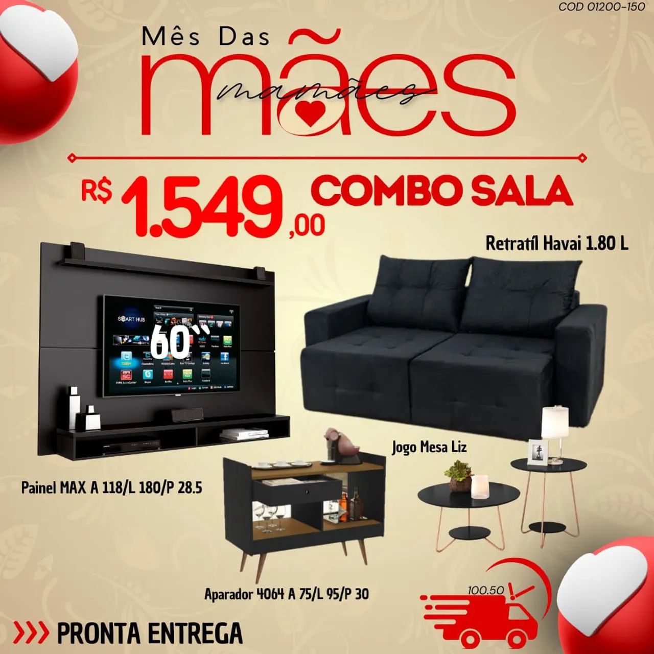 Combo Sala Completo Retrátil Havai 1.80 L + Painel + Aparador