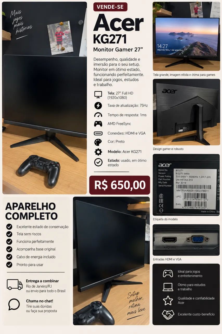 MONITOR ACER KG271 GAMER 75hz 