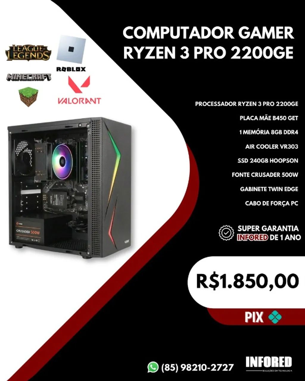 Computador Gamer Ryzen 3 Pro 2200GE