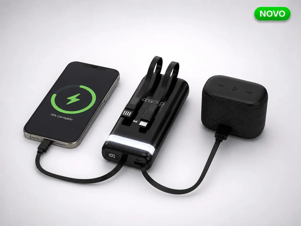 Power Bank 20000mAh Gold Pro BTE-05 com Cabos Embutidos e Lanterna LED - Foto 3