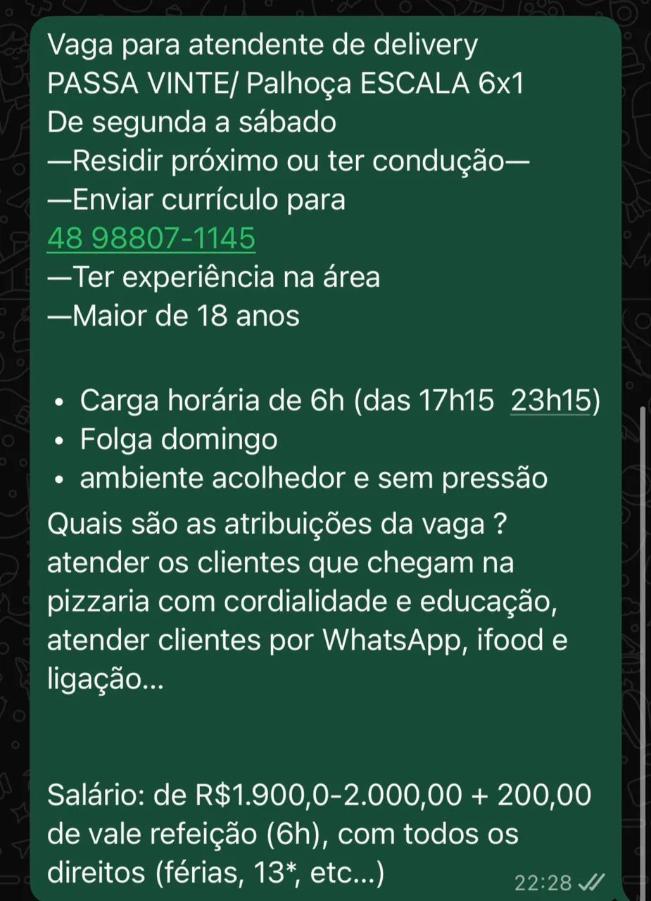 Atendente de delivery - Palhoça 