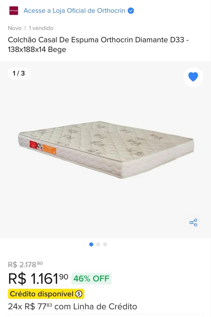 Colchão casal normal Orthocrin D33 seminovo 