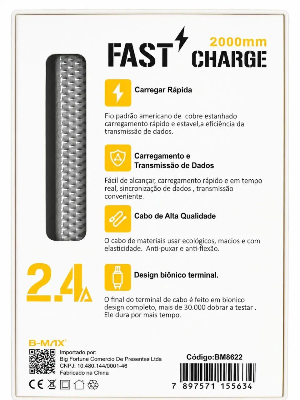 Cabo Micro USB V8 B-MAX Nylon 2M Carga Rápida Celular BM8622 - Foto 3