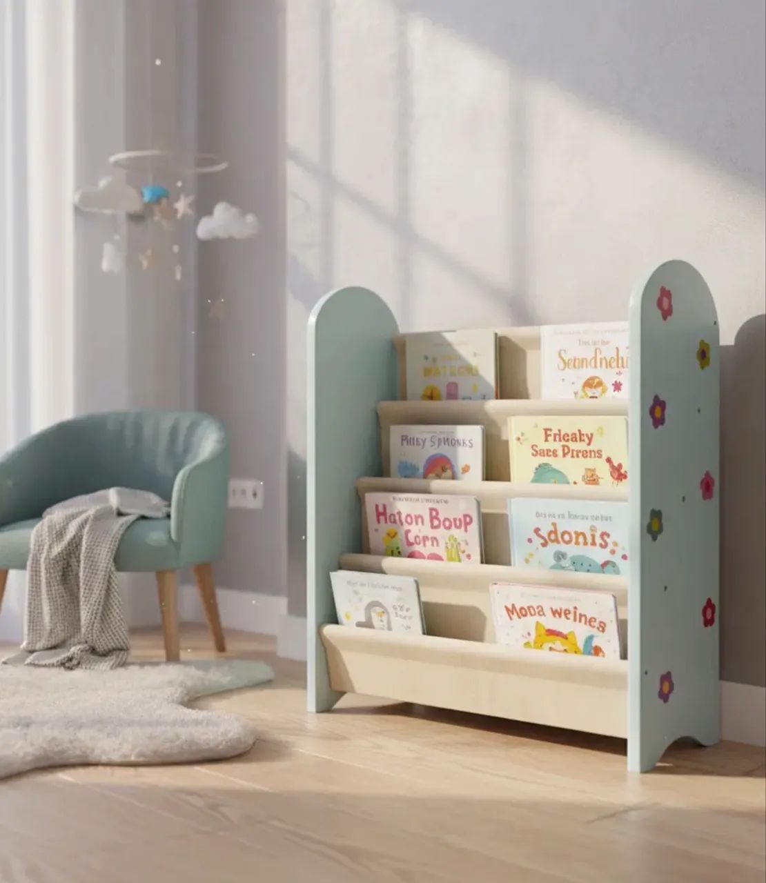 Estande de livro infantil Montessori em madeira.