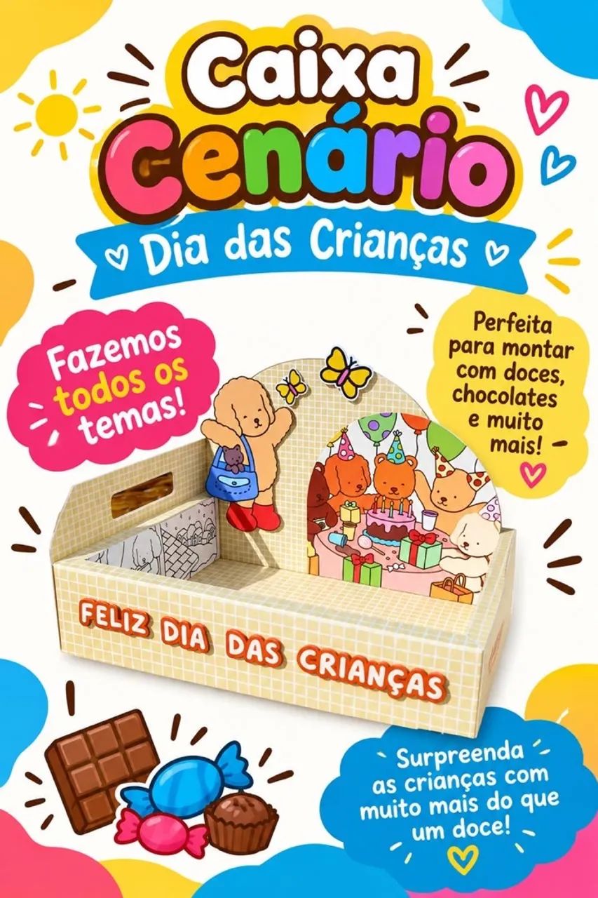 Caixa Cenário Dia das Crianças Para Montar com Doces e Chocolate