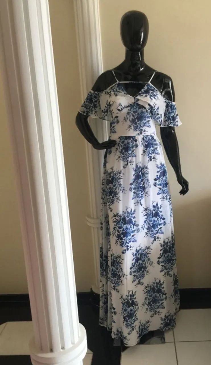 Vestido longo floral azul com branco, Tam 36, com etiqueta 